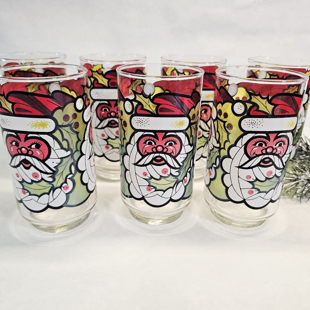 7 Vintage Santa Claus Cherry Face Drinking Christmas Glasses Libbey Holiday Tabl
